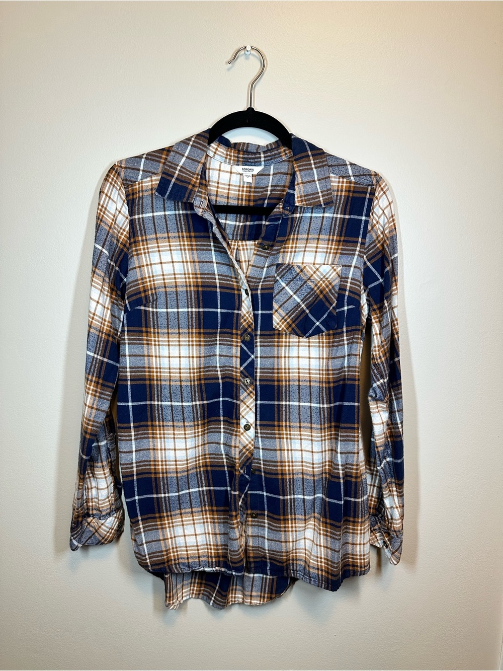 Sonoma Navy Blue White and Brown Plaid Button-Down Flannel Shirt